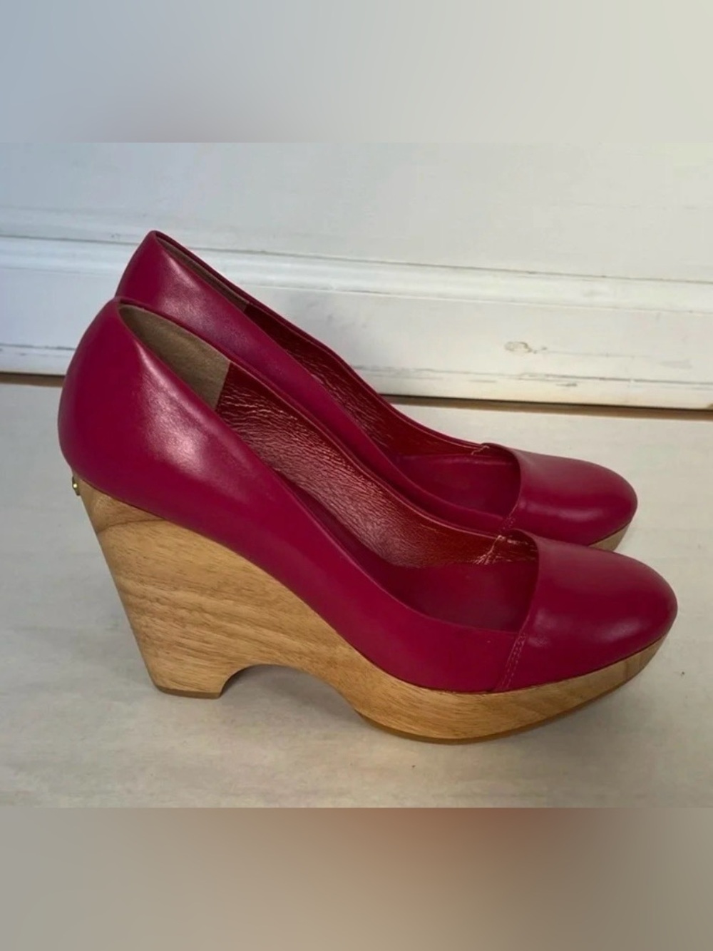 Durbuy by Yurika Nakatsu Pink Leather Wood Wedge Platform Pumps Shoes Sz US 7.5 - Picture 3 of 10